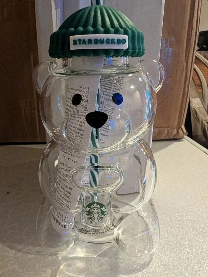 Starbucks Bearista Glass Cold Cup with Green Beanie Lid & Reusable Straw – 20oz (590ml)