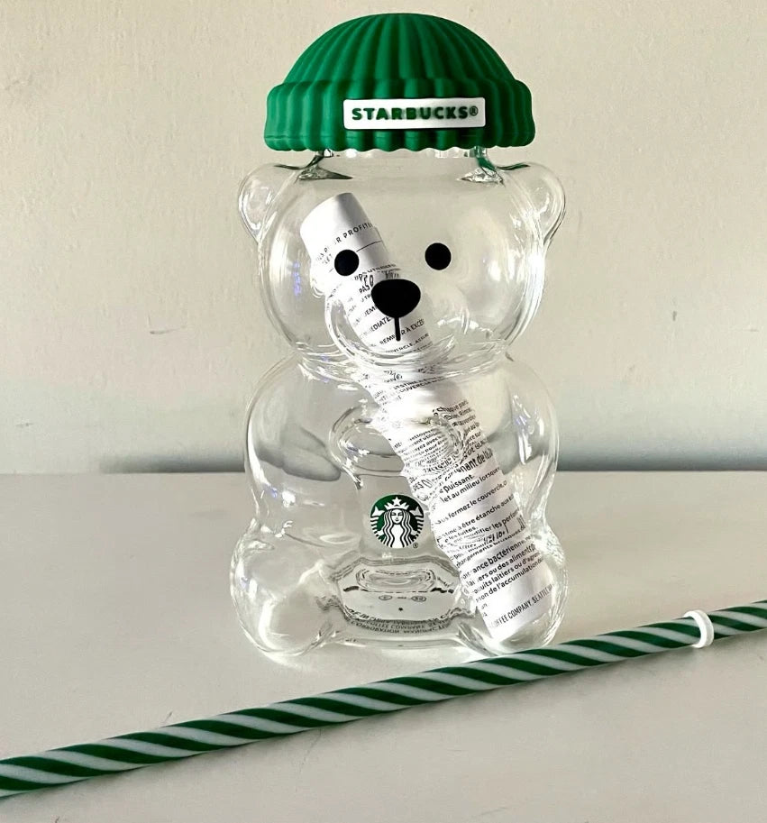 Starbucks Bearista Glass Cold Cup with Green Beanie Lid & Reusable Straw – 20 oz (590 ml)