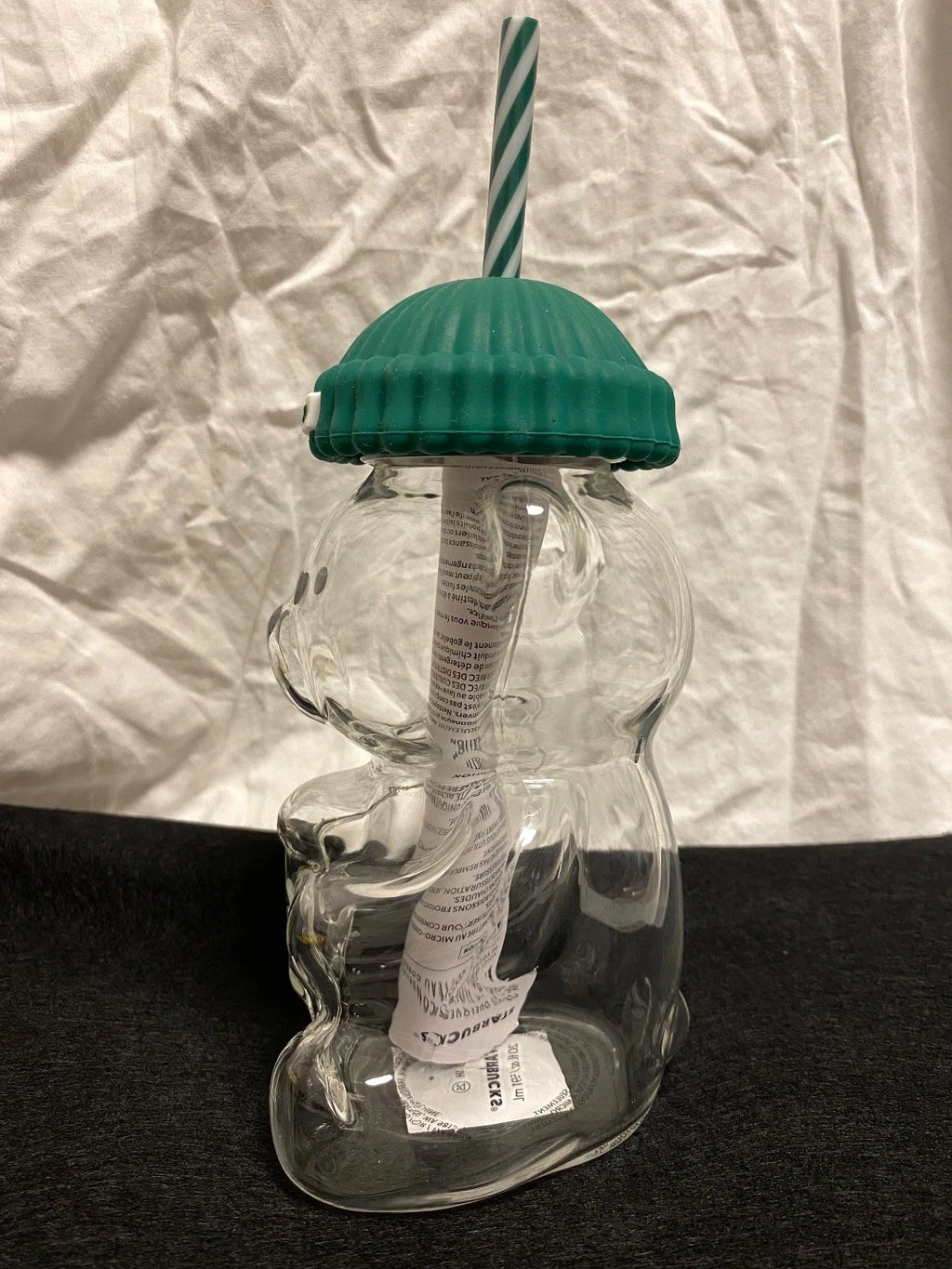 Starbucks Bear Shaped Glass Tumbler with Straw & Green Lid Reusable Cold Cup