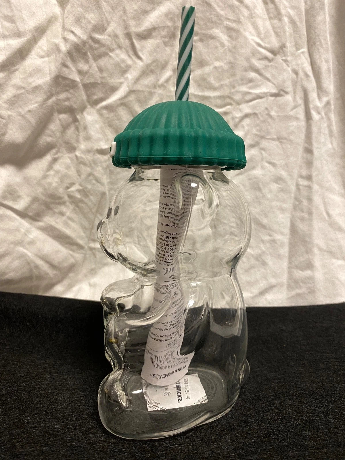 Starbucks Bear Shaped Glass Tumbler with Straw & Green Lid Reusable Cold Cup