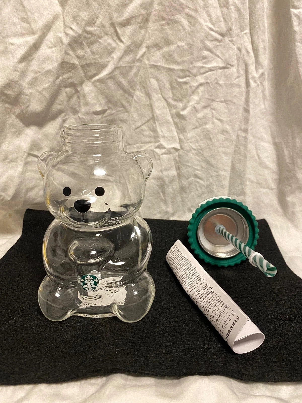 Starbucks Bear Shaped Glass Tumbler with Straw & Green Lid Reusable Cold Cup