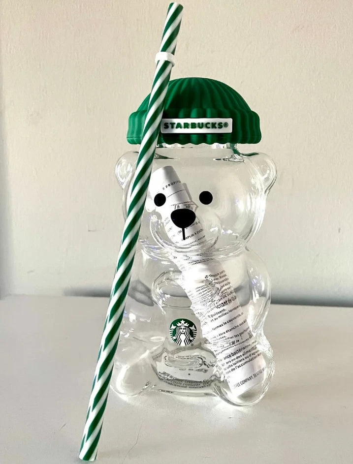 Starbucks Bearista Glass Cold Cup with Green Beanie Lid & Reusable Straw – 20 oz (590 ml)