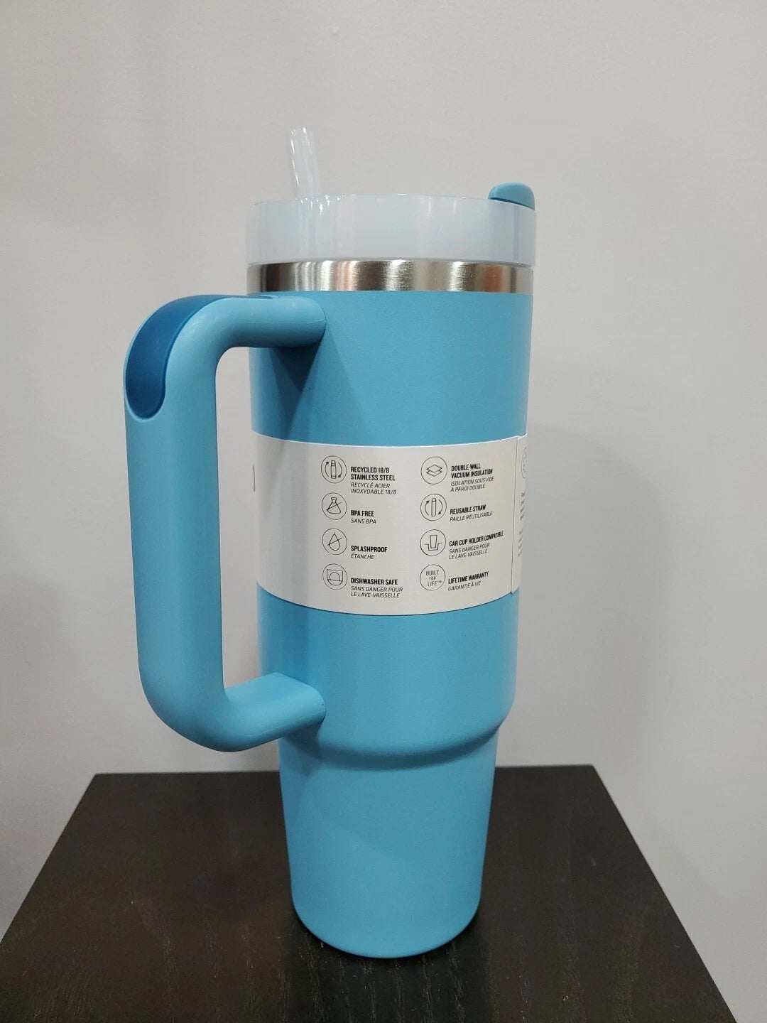30 oz Blue Insulated Travel Tumbler with Handle & Straw