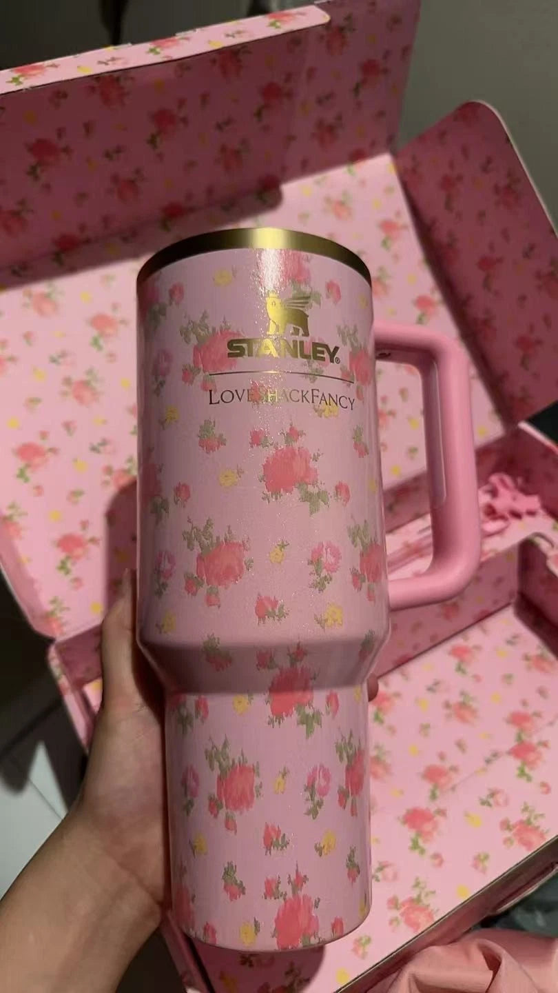 Pink Floral Insulated Tumbler Gift Set with Straw & Satin Pouch