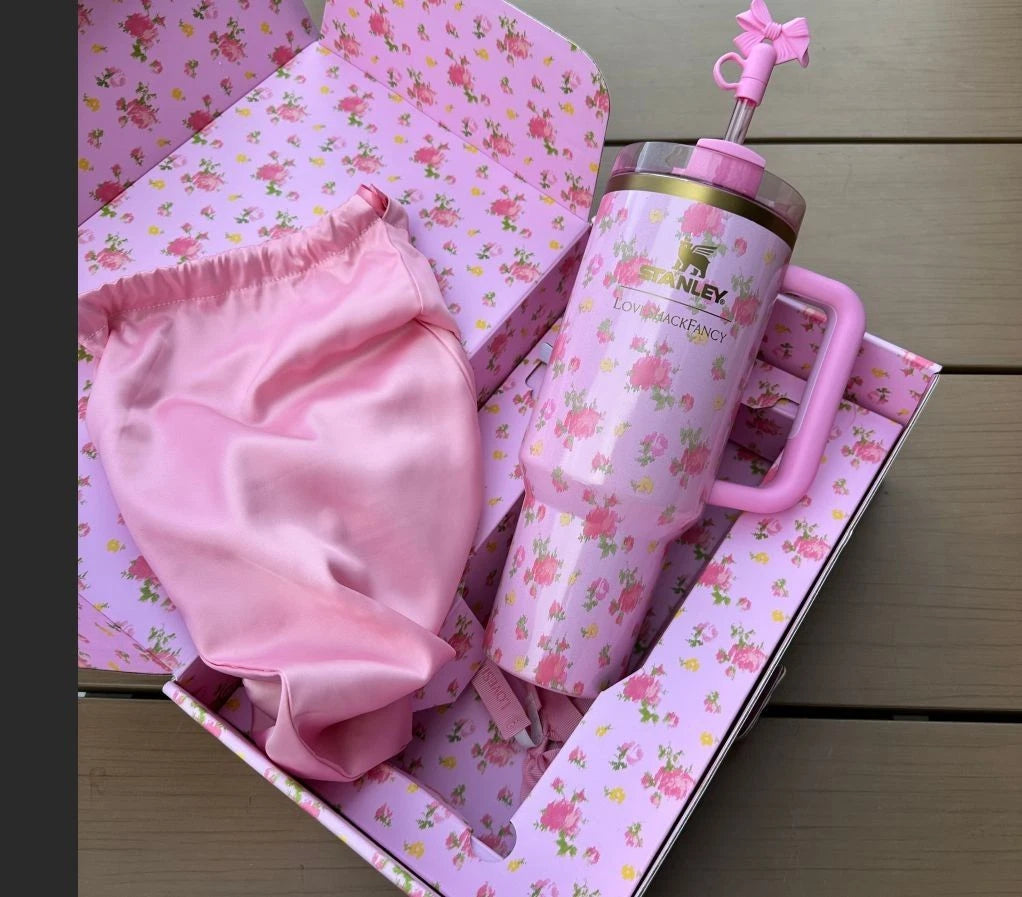 Pink Floral Insulated Tumbler Gift Set with Straw & Satin Pouch