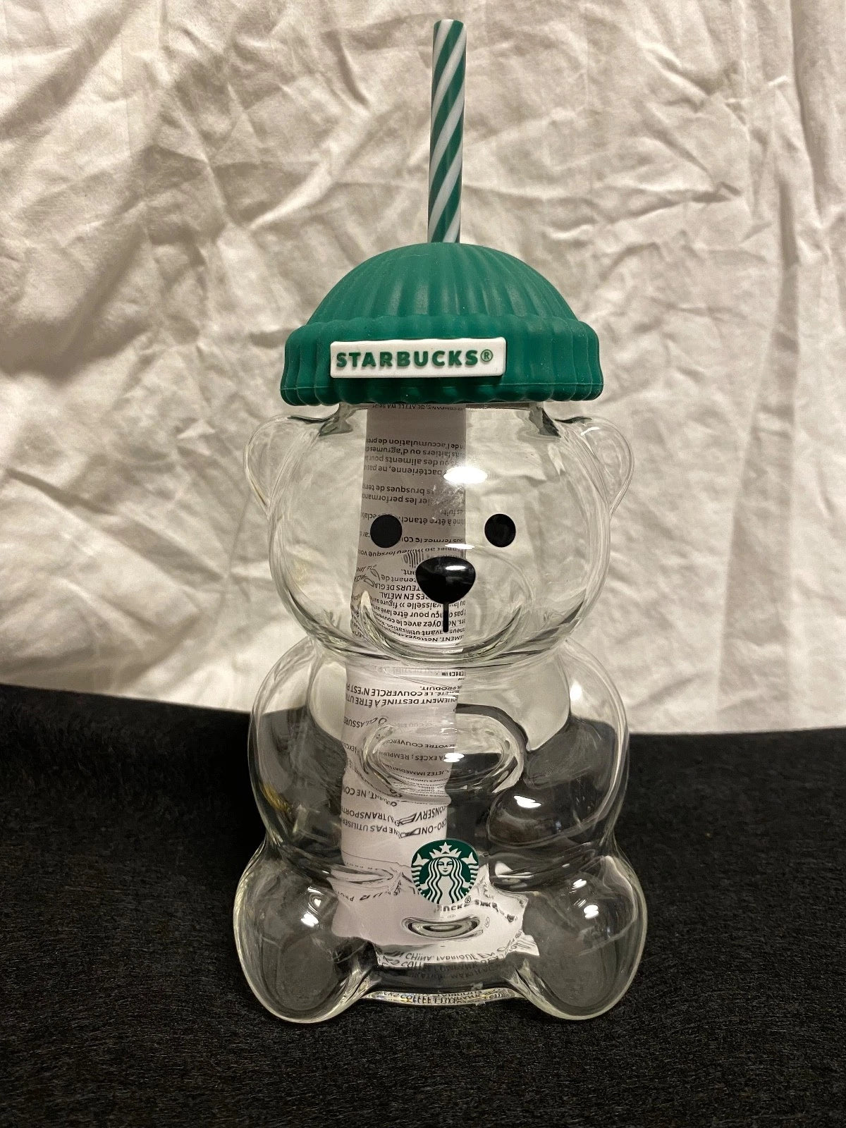 Starbucks Bear Shaped Glass Tumbler with Straw & Green Lid Reusable Cold Cup