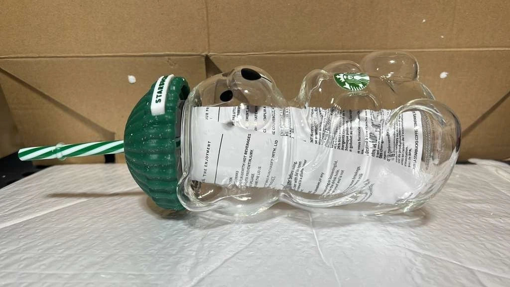 Starbucks Bearista Glass Cold Cup with Green Beanie Lid & Reusable Straw – 20oz (590ml)