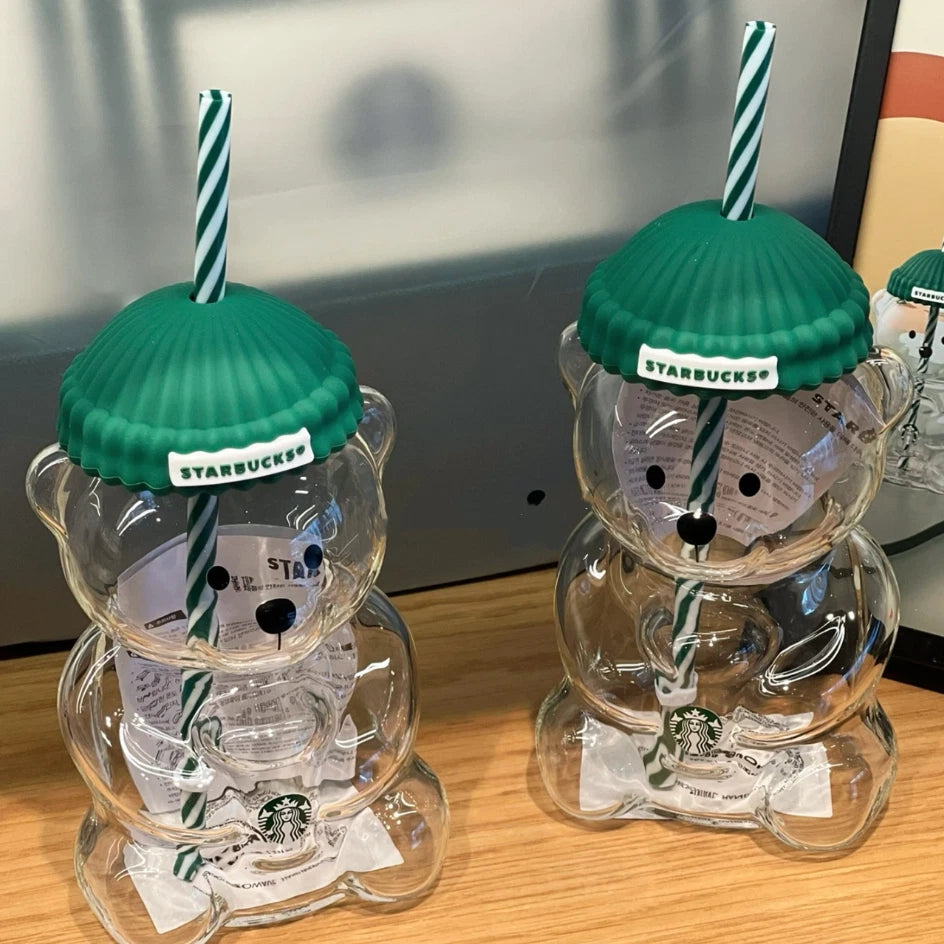 Starbucks Bearista Glass Cold Cup with Green Beanie Lid & Reusable Straw – 20 oz (590 ml)