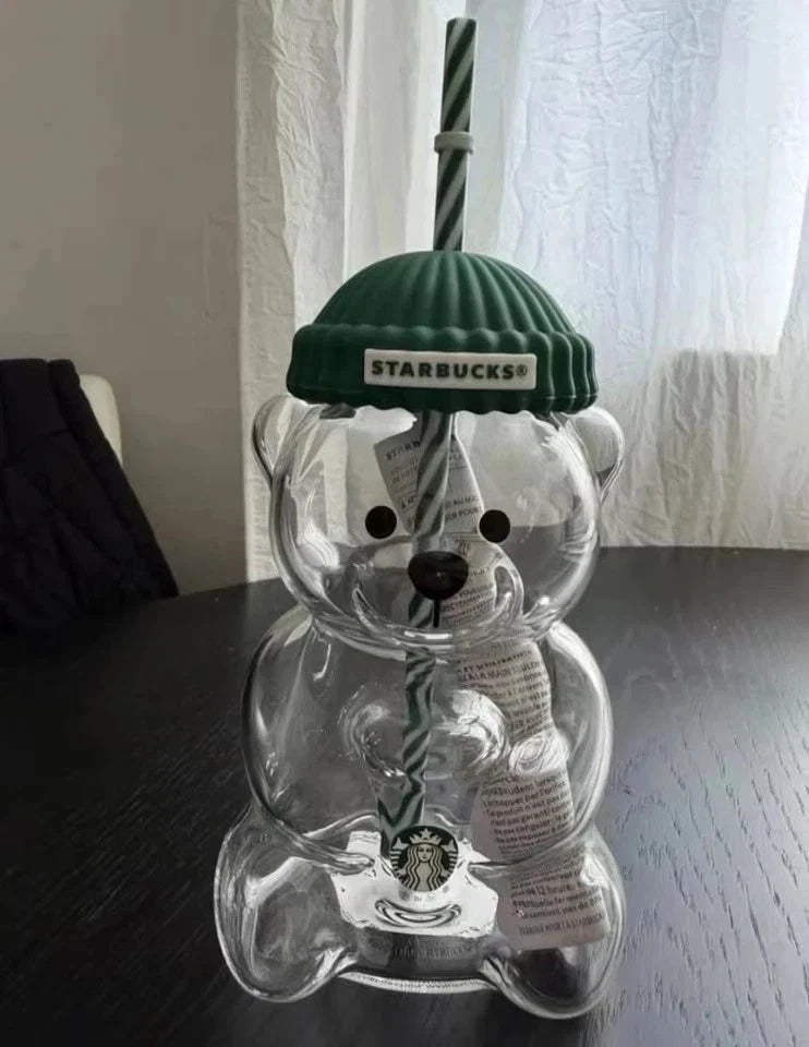 Starbucks Bearista Glass Cold Cup with Green Beanie Lid & Reusable Straw – 20oz (590ml)