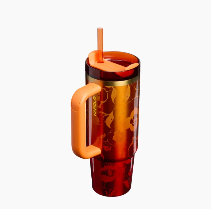 40 oz Insulated Travel Tumbler with Handle & Straw – Floral Print
