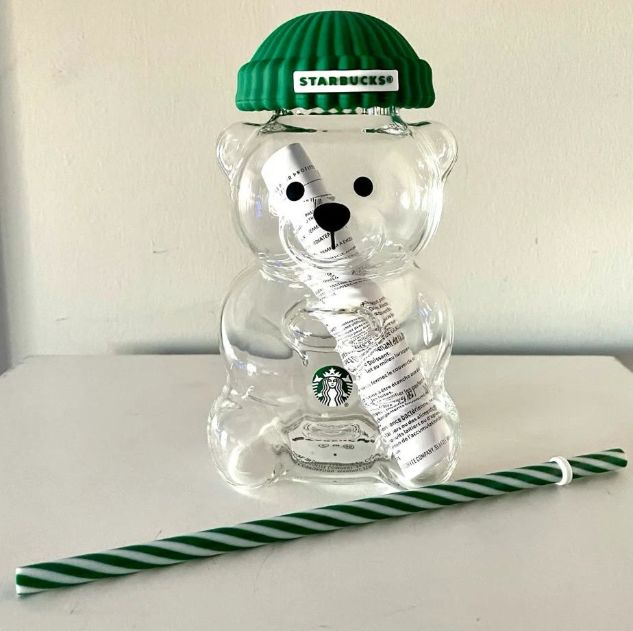 Starbucks Bearista Glass Cold Cup with Green Beanie Lid & Reusable Straw – 20 oz (590 ml)