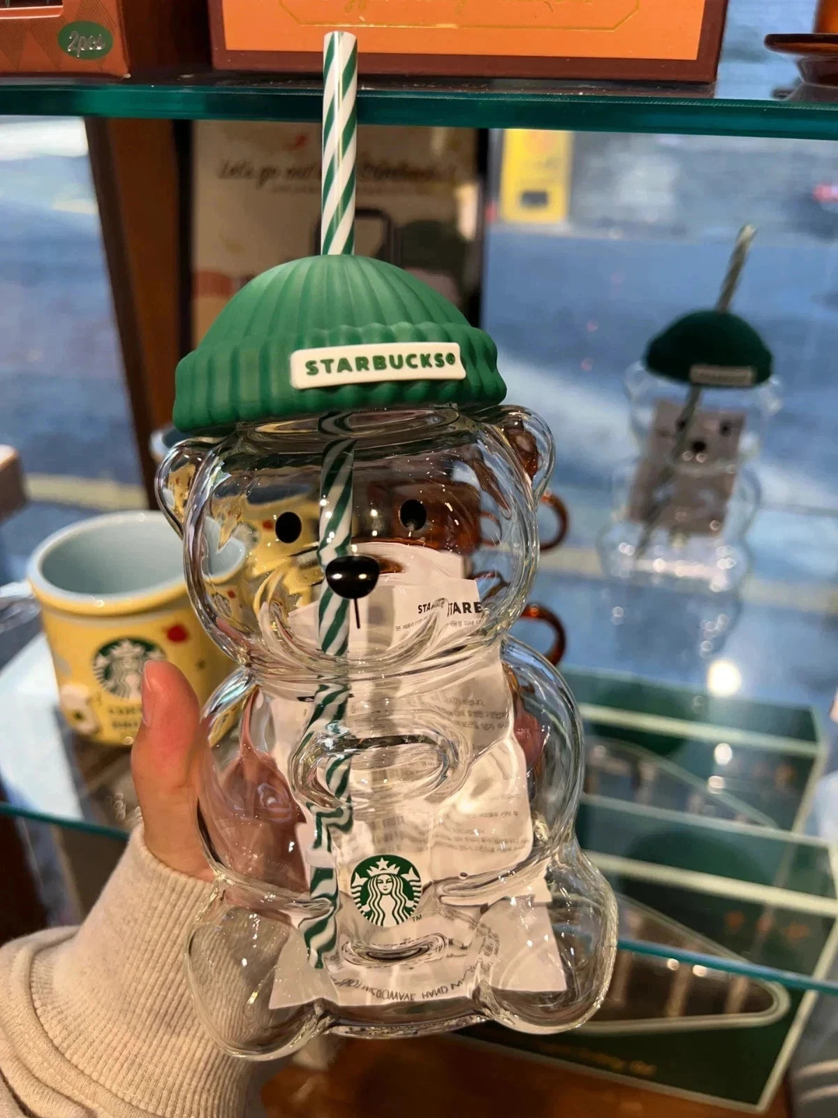 Starbucks Bearista Glass Cold Cup with Green Beanie Lid & Reusable Straw – 20oz (590ml)