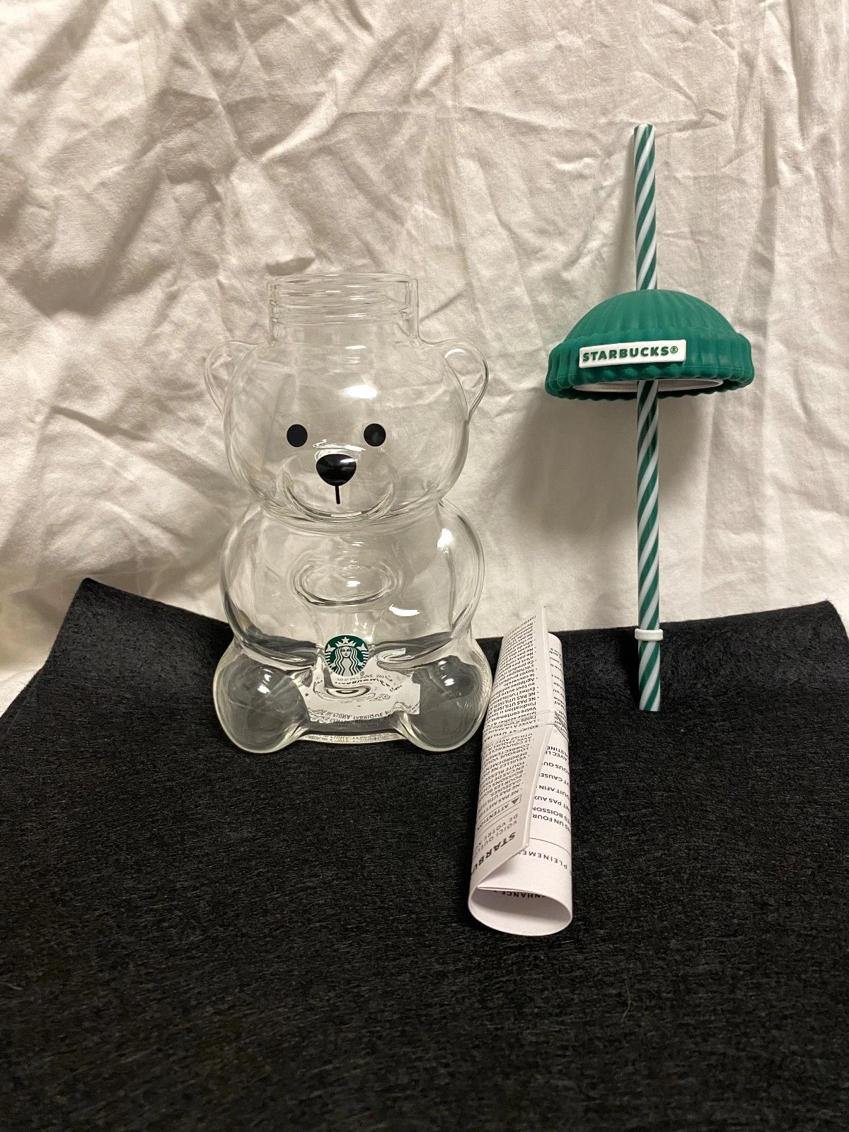 Starbucks Bear Shaped Glass Tumbler with Straw & Green Lid Reusable Cold Cup