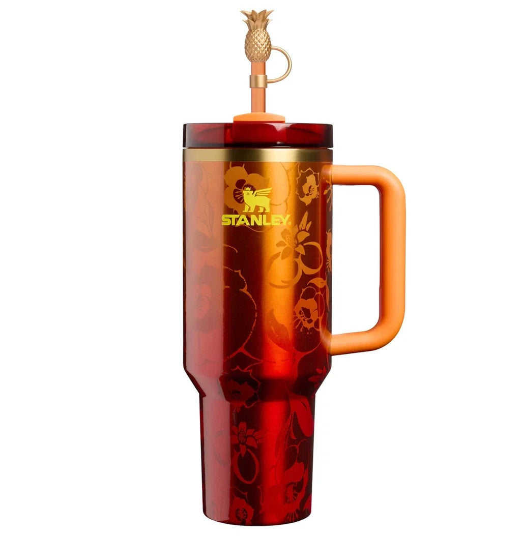 40 oz Red Floral Insulated Travel Tumbler with Handle & Straw – Pineapple Lid