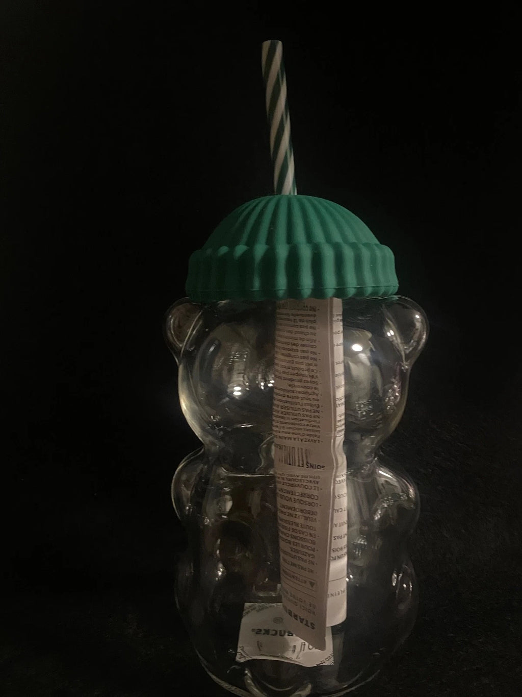 Starbucks Bear Shaped Glass Tumbler with Straw & Green Lid Reusable Cold Cup