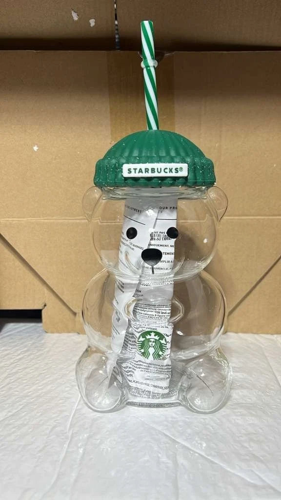 Starbucks Bearista Glass Cold Cup with Green Beanie Lid & Reusable Straw – 20oz (590ml)