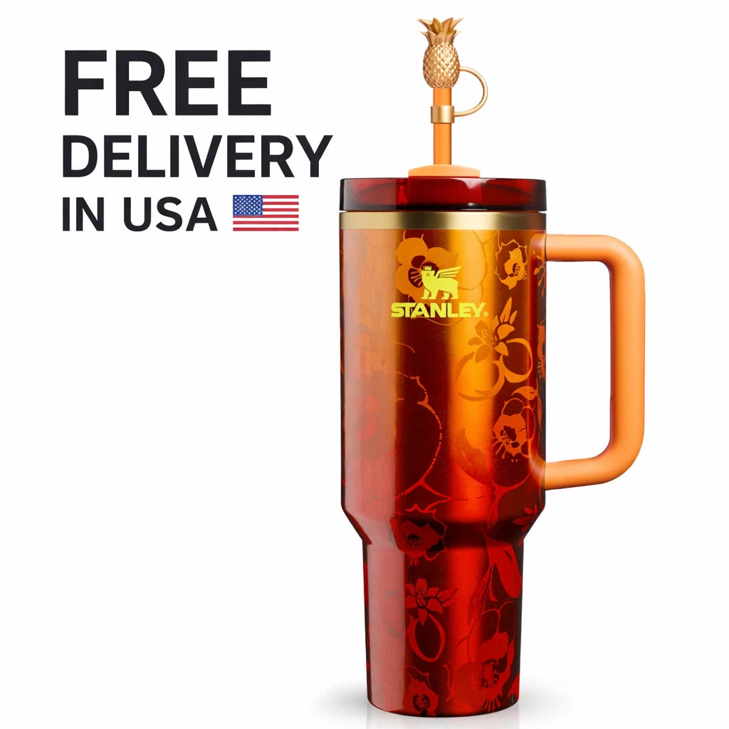 40 oz Red Floral Insulated Travel Tumbler with Handle & Straw – Pineapple Lid