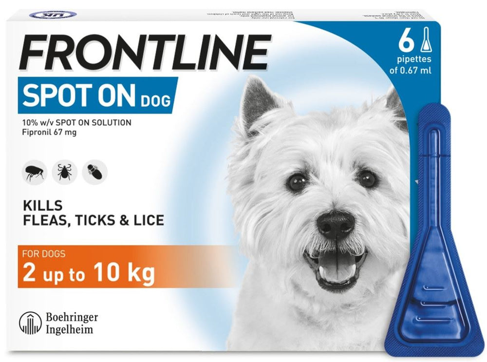 FRONTLINE Spot On Dog for small dogs 2–10 kg, six 0.67 ml pipettes — correct small-dog packaging